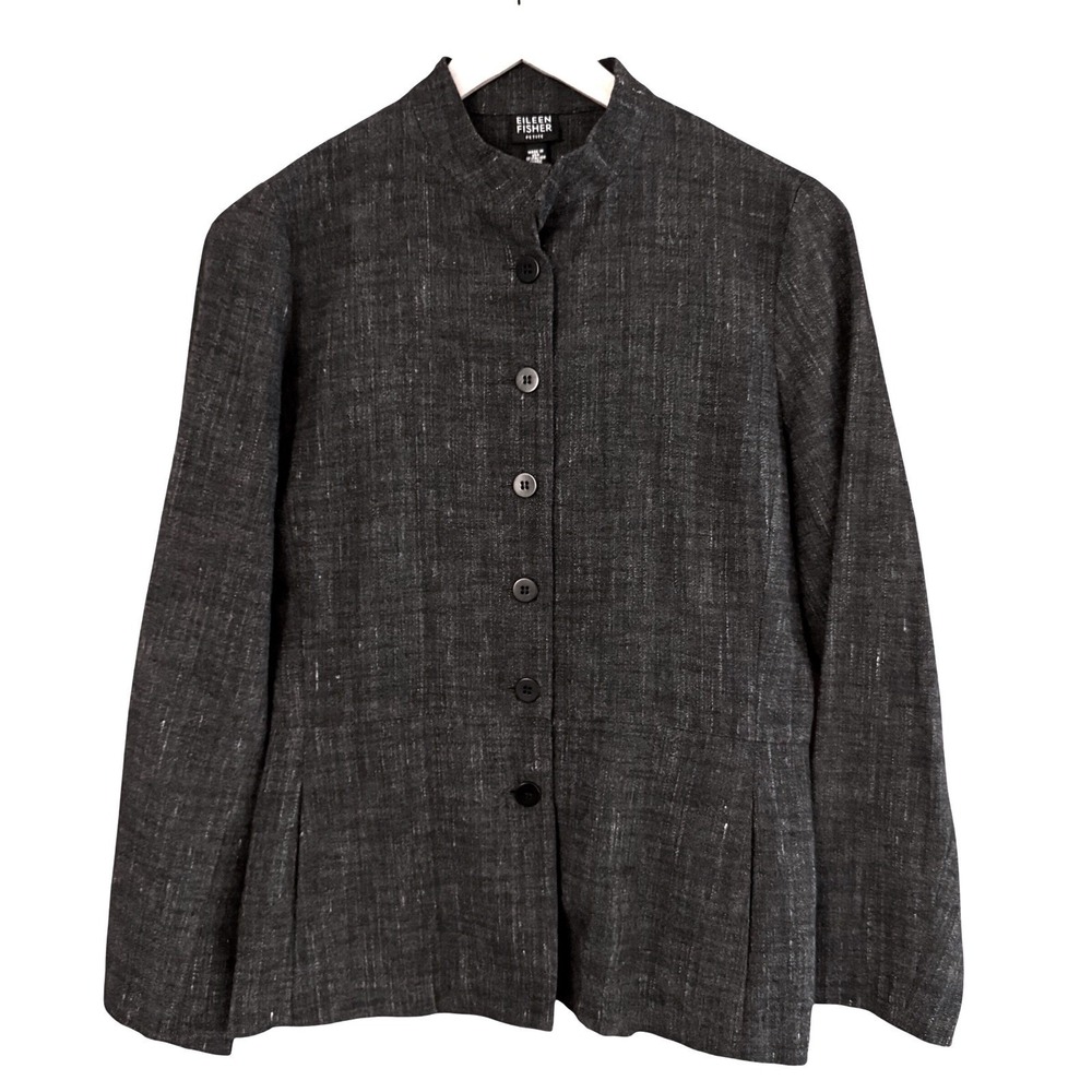 Eileen Fisher Petite Grey Cotton Linen Cropped Button Front Shirt Jacket